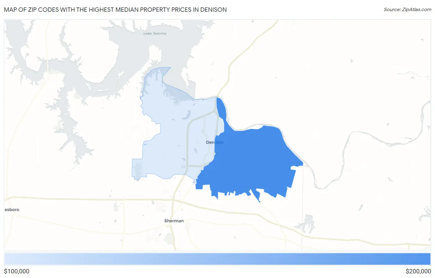 Zip Codes with the Highest Median Property Prices in Denison Map