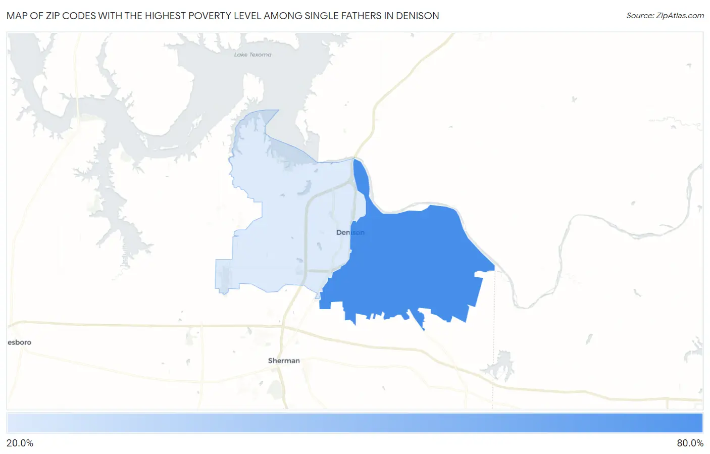 Zip Codes with the Highest Poverty Level Among Single Fathers in Denison Map