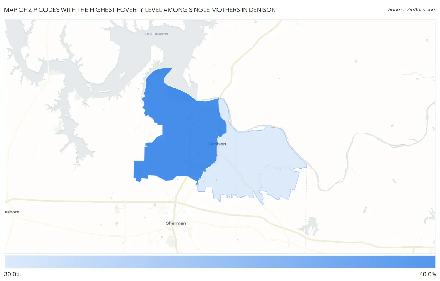 Zip Codes with the Highest Poverty Level Among Single Mothers in Denison Map