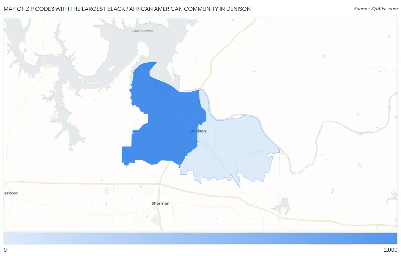 Zip Codes with the Largest Black / African American Community in Denison Map
