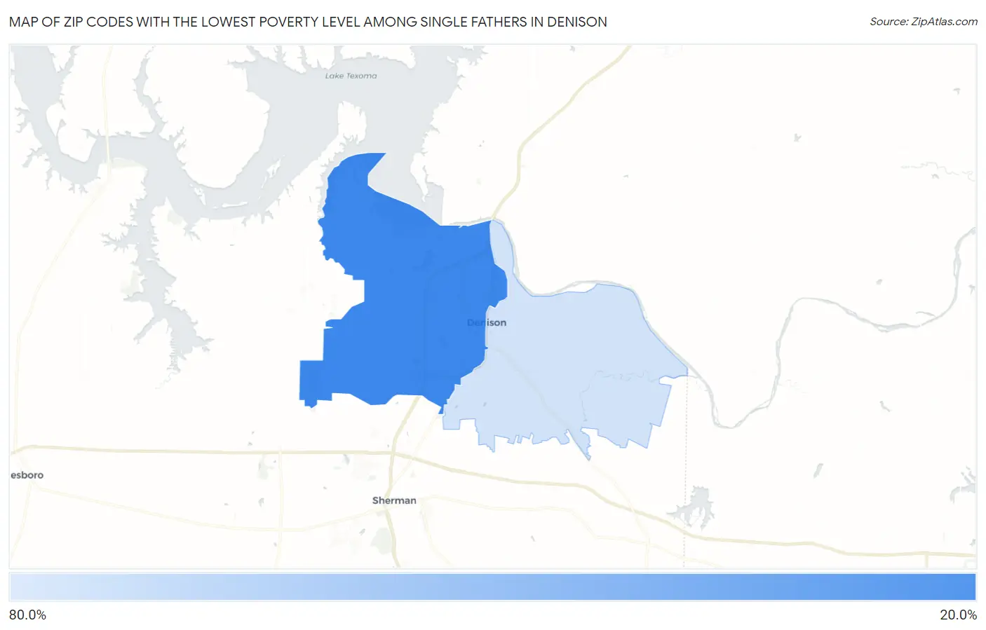 Zip Codes with the Lowest Poverty Level Among Single Fathers in Denison Map