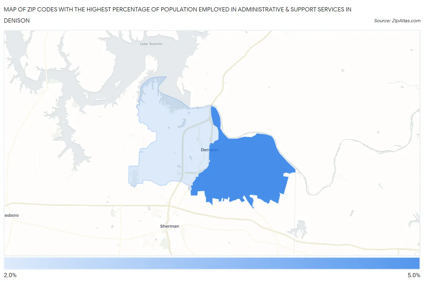 Zip Codes with the Highest Percentage of Population Employed in Administrative & Support Services in Denison Map