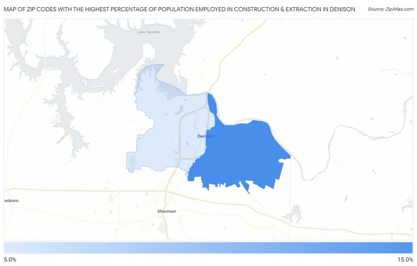 Zip Codes with the Highest Percentage of Population Employed in Construction & Extraction in Denison Map