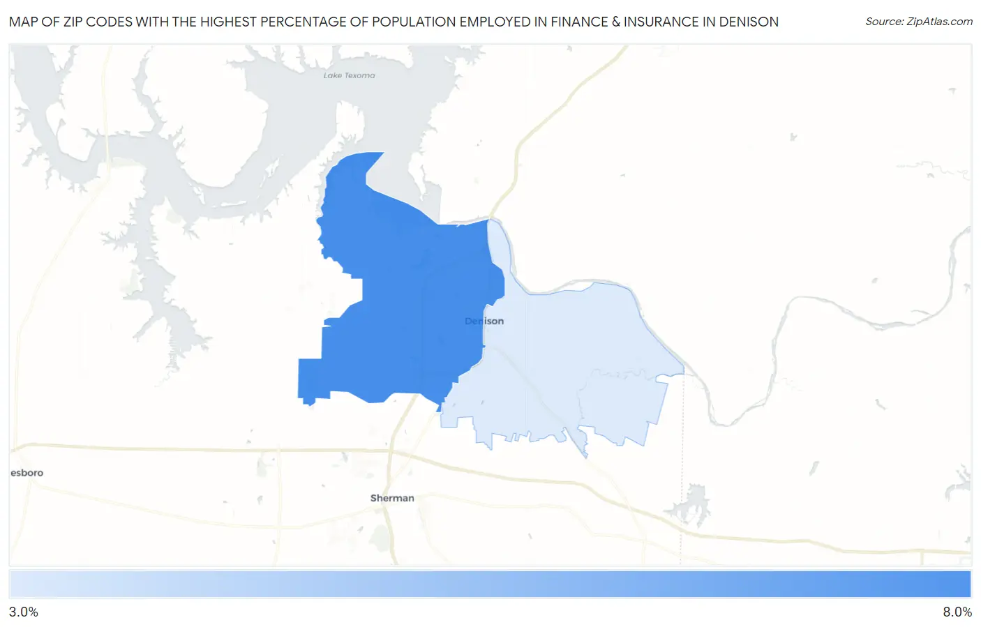 Zip Codes with the Highest Percentage of Population Employed in Finance & Insurance in Denison Map