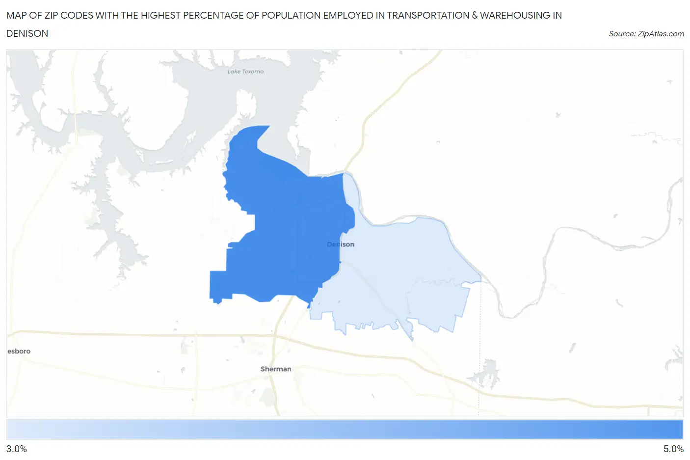 Zip Codes with the Highest Percentage of Population Employed in Transportation & Warehousing in Denison Map