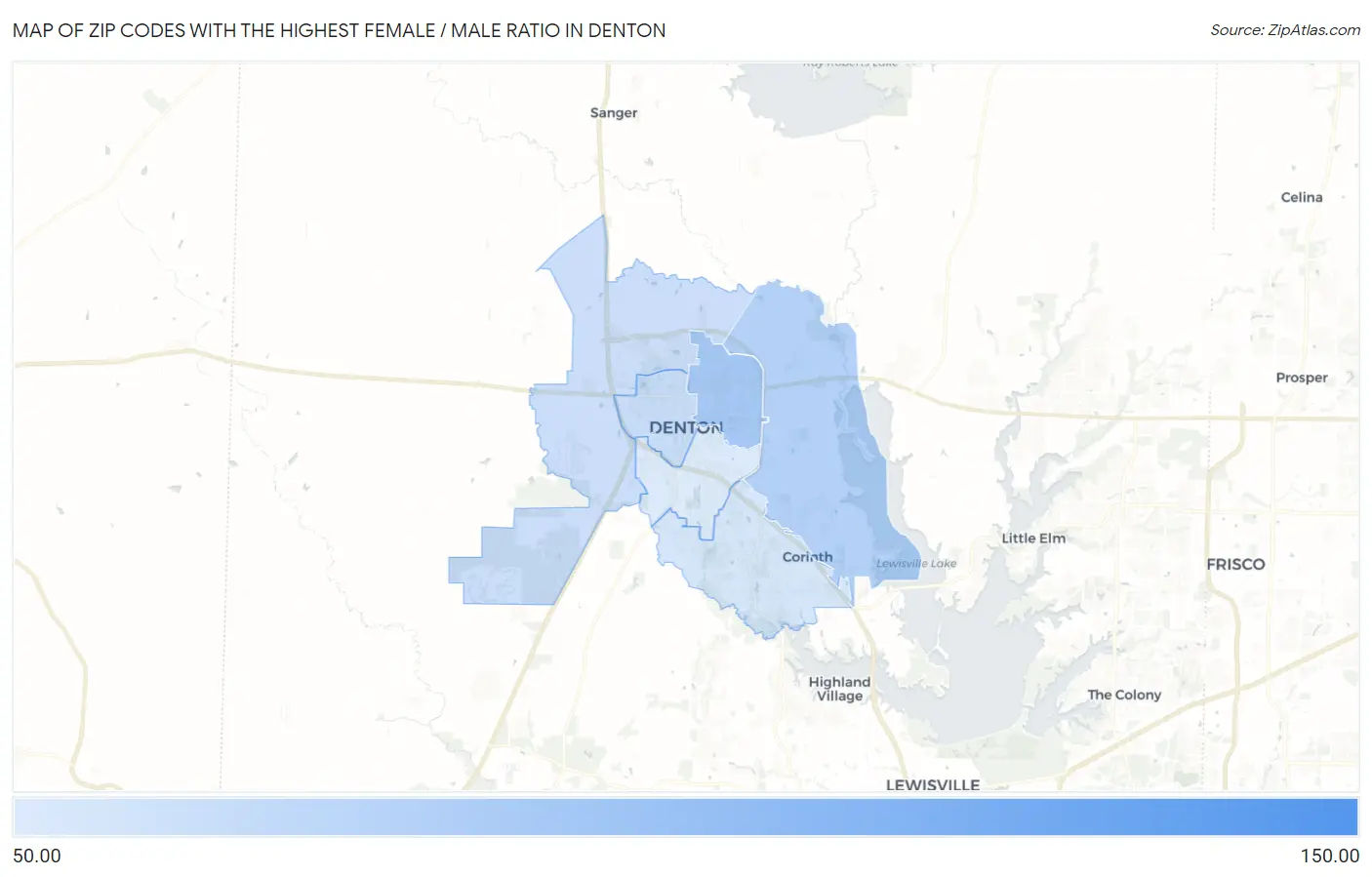 Zip Codes with the Highest Female / Male Ratio in Denton Map