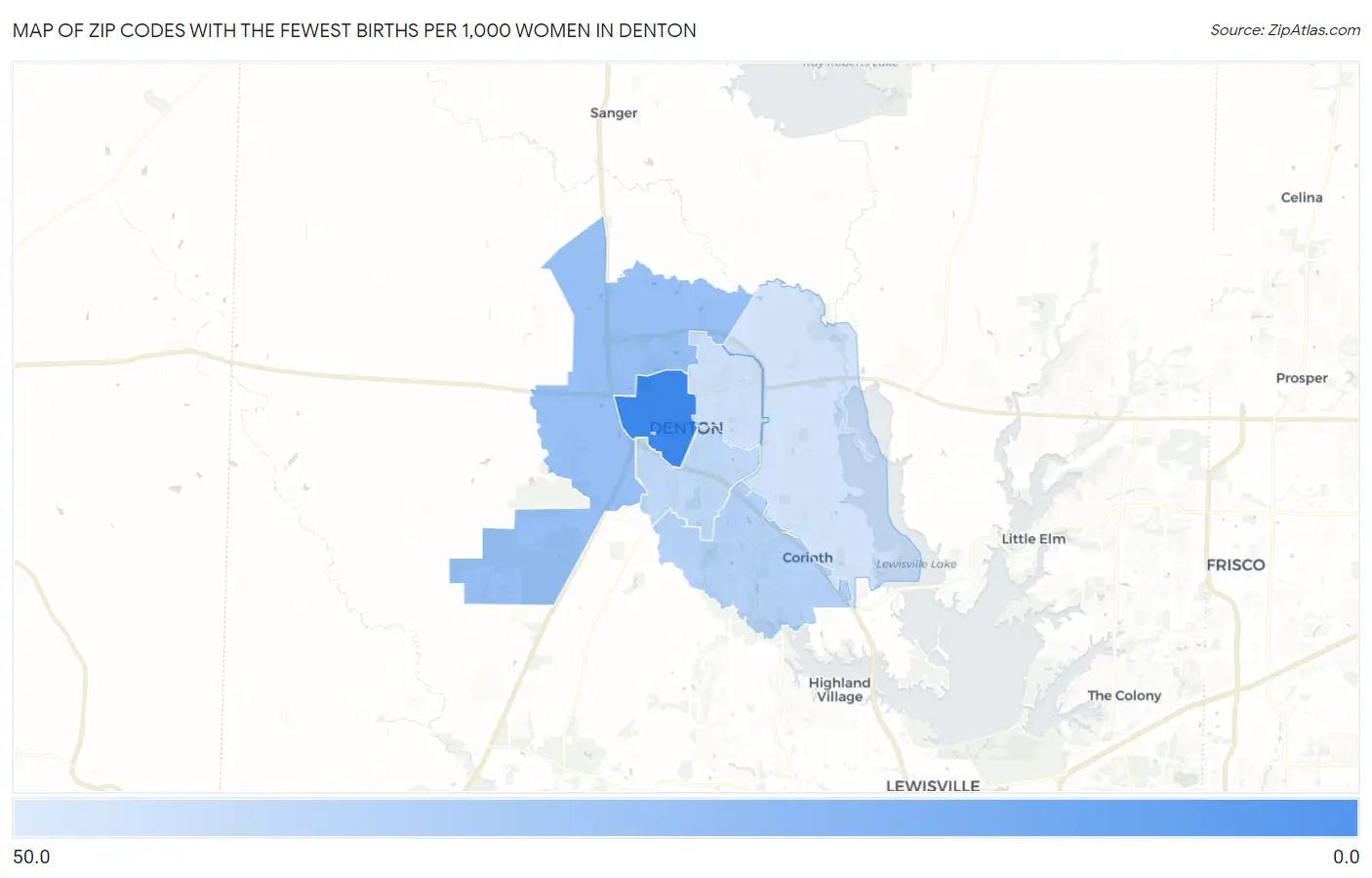Zip Codes with the Fewest Births per 1,000 Women in Denton Map