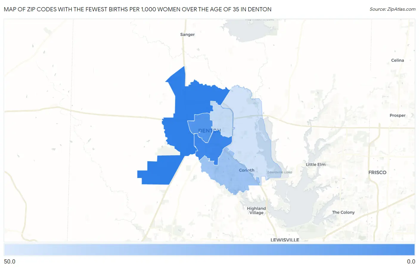 Zip Codes with the Fewest Births per 1,000 Women Over the Age of 35 in Denton Map