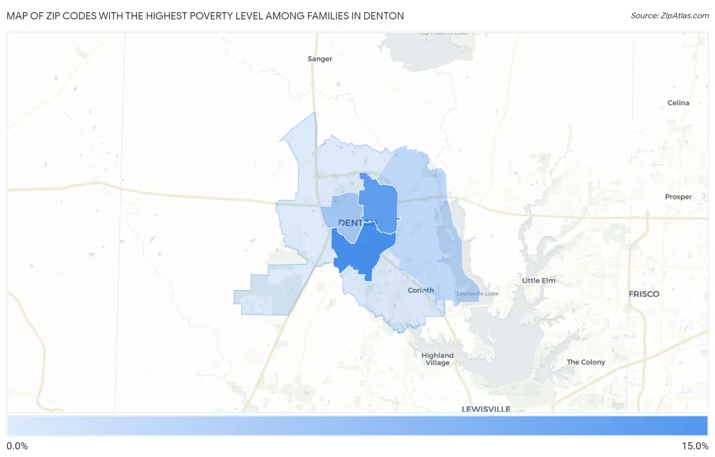 Zip Codes with the Highest Poverty Level Among Families in Denton Map