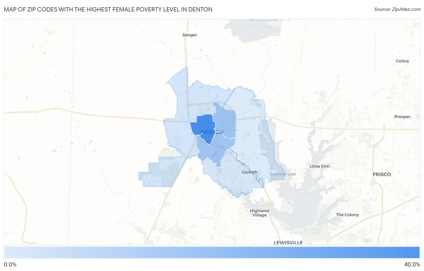 Zip Codes with the Highest Female Poverty Level in Denton Map