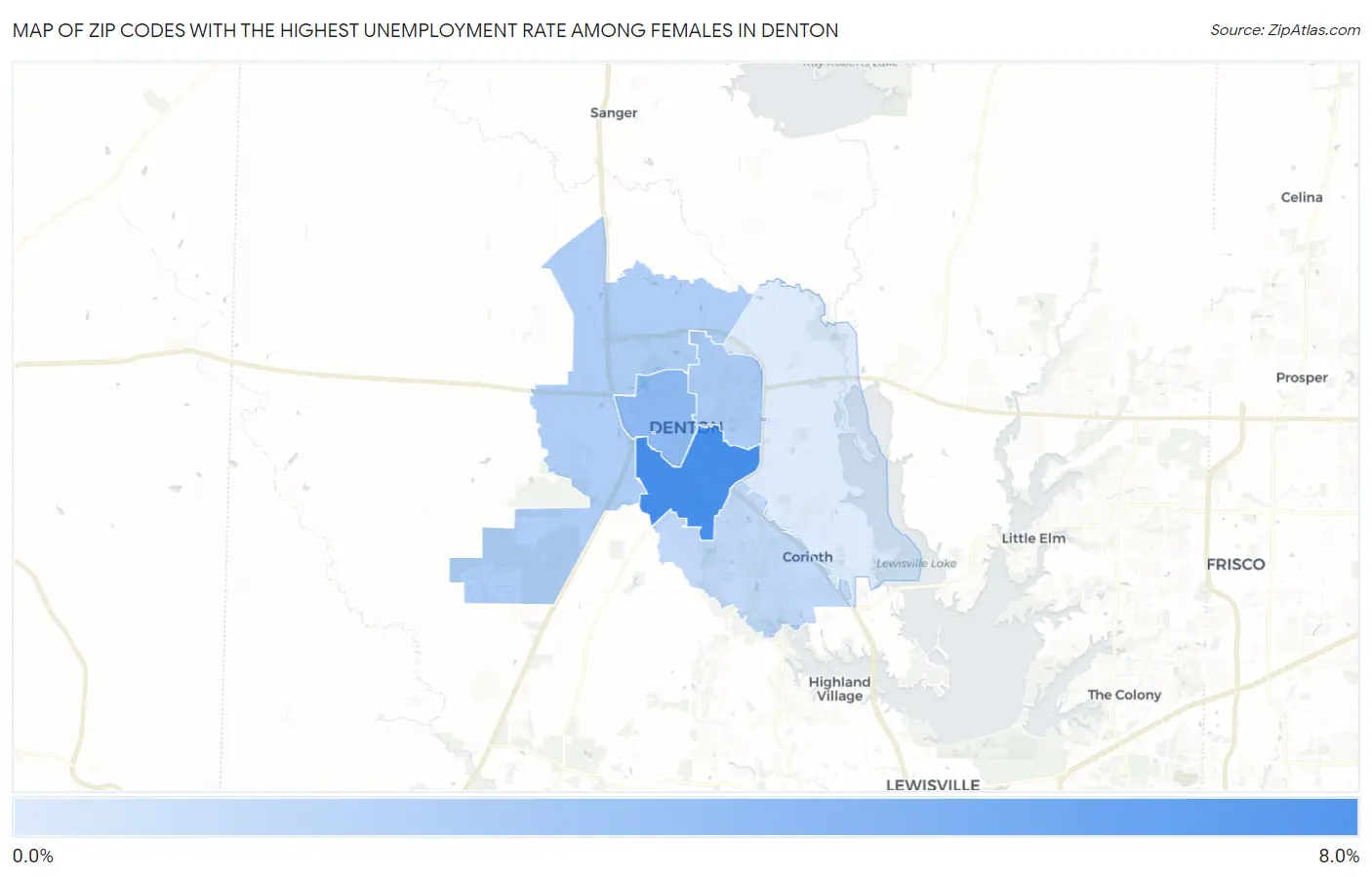 Zip Codes with the Highest Unemployment Rate Among Females in Denton Map