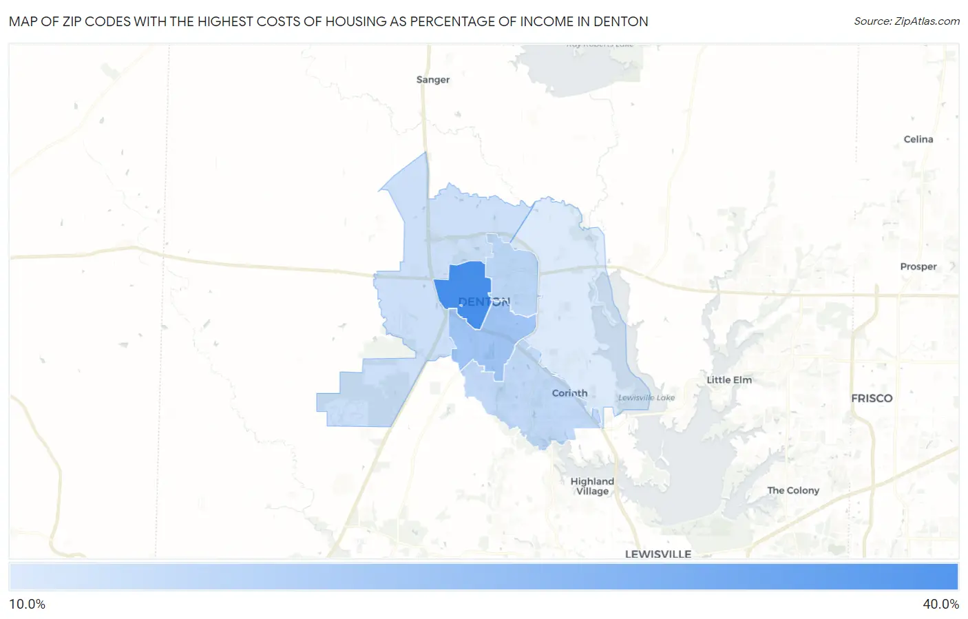 Zip Codes with the Highest Costs of Housing as Percentage of Income in Denton Map