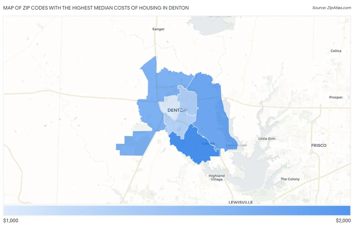 Zip Codes with the Highest Median Costs of Housing in Denton Map
