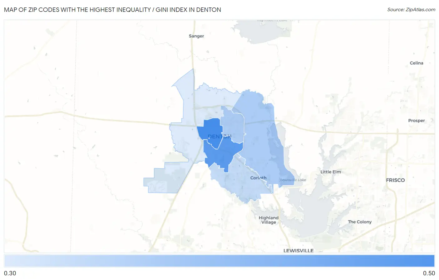 Zip Codes with the Highest Inequality / Gini Index in Denton Map