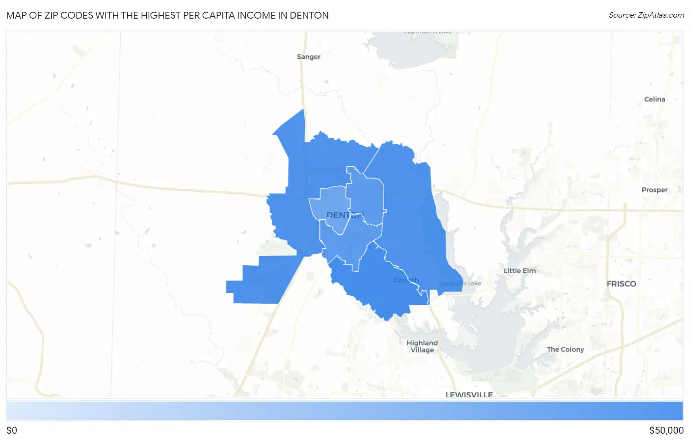 Zip Codes with the Highest Per Capita Income in Denton Map