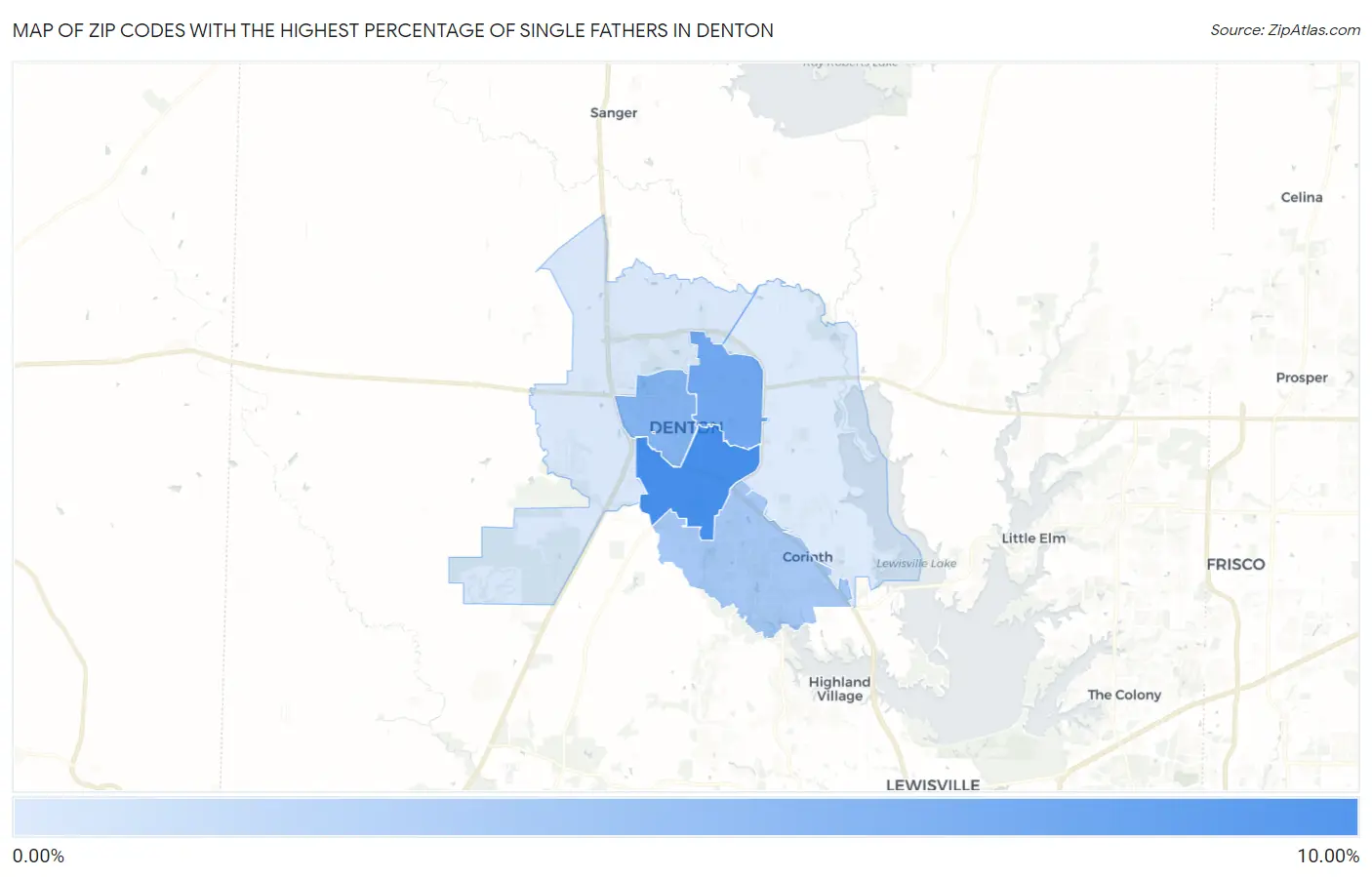 Zip Codes with the Highest Percentage of Single Fathers in Denton Map