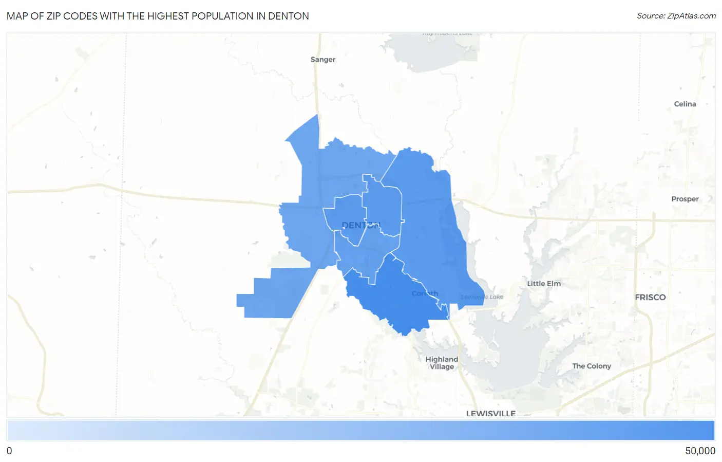 Zip Codes with the Highest Population in Denton Map