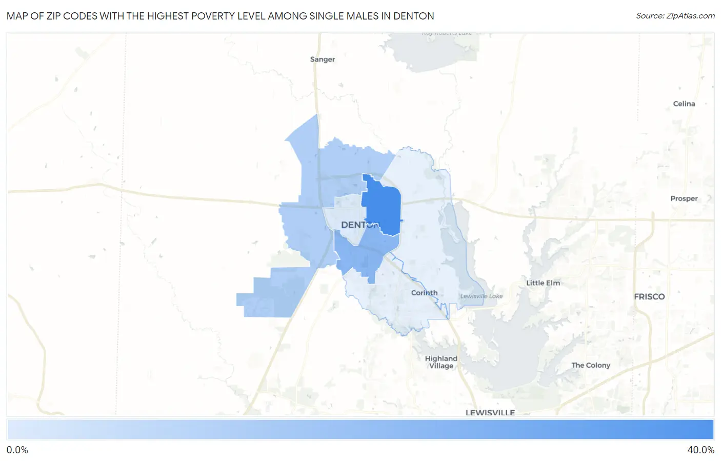 Zip Codes with the Highest Poverty Level Among Single Males in Denton Map
