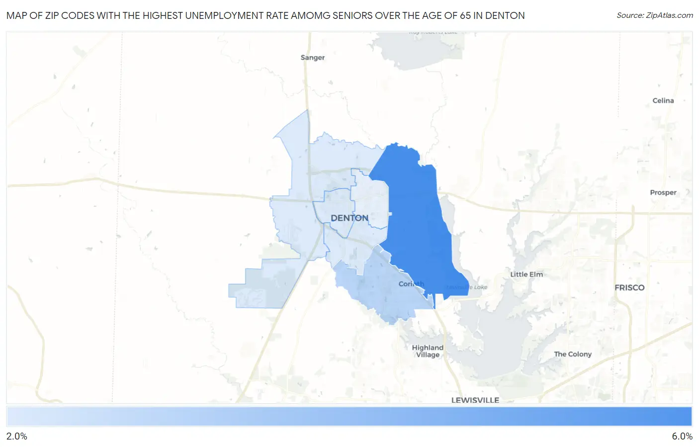 Zip Codes with the Highest Unemployment Rate Amomg Seniors Over the Age of 65 in Denton Map