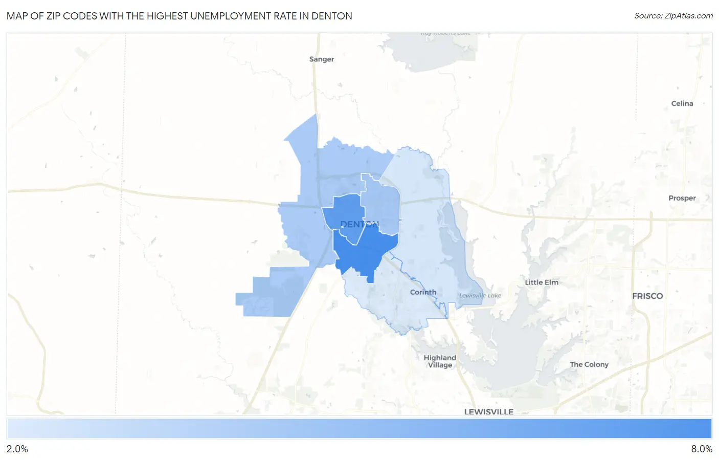 Zip Codes with the Highest Unemployment Rate in Denton Map
