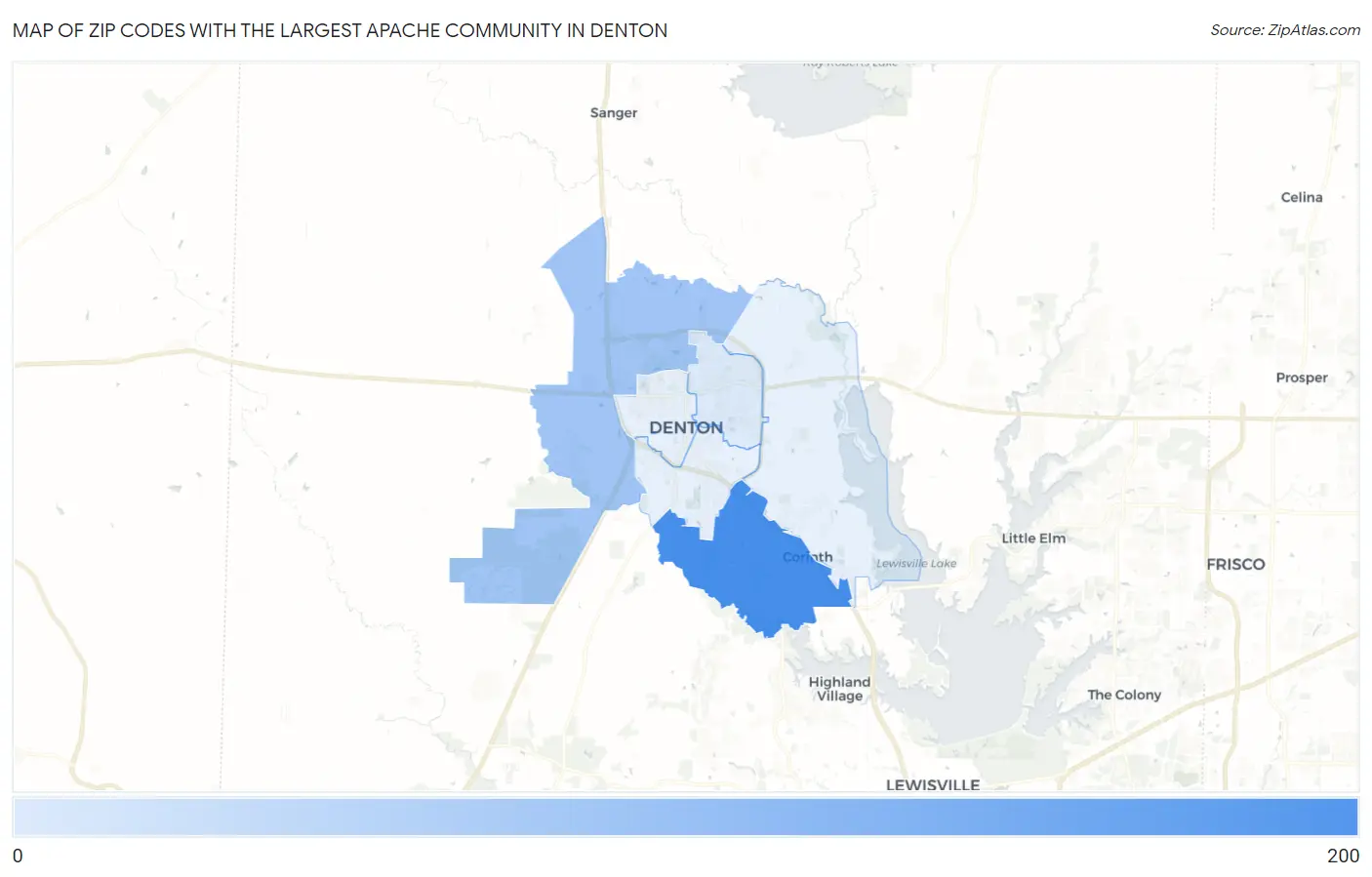 Zip Codes with the Largest Apache Community in Denton Map