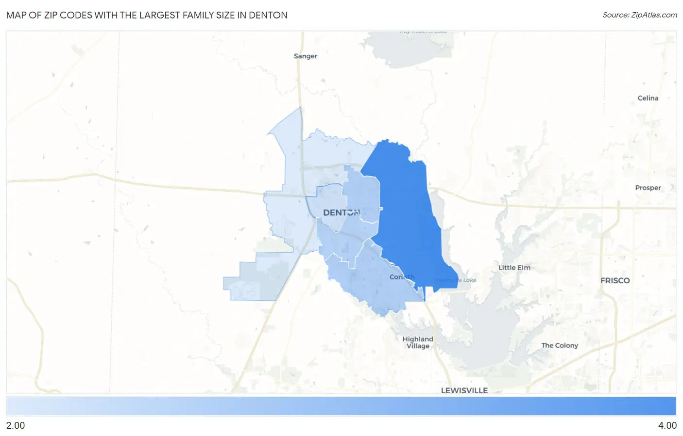 Zip Codes with the Largest Family Size in Denton Map