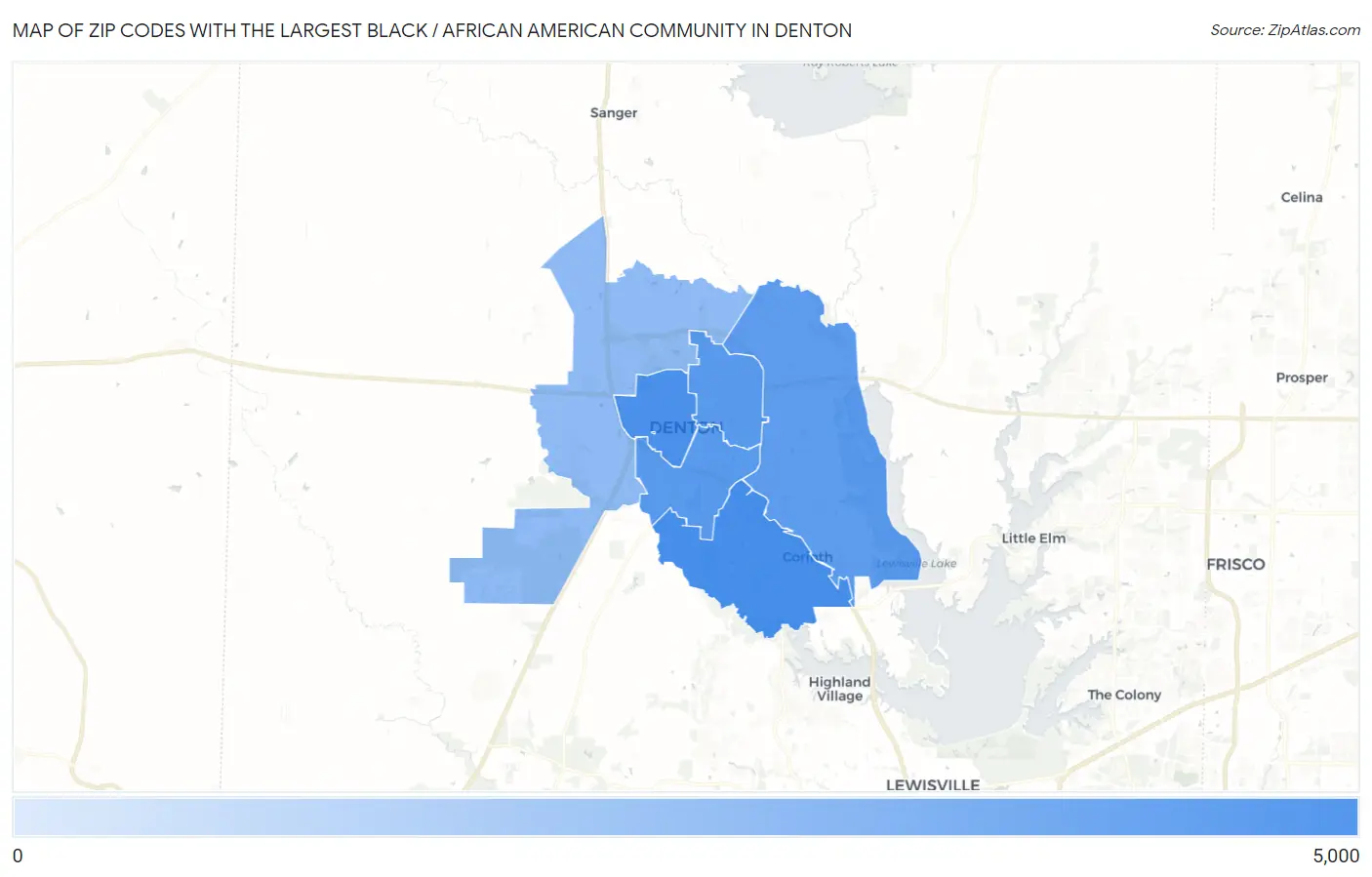 Zip Codes with the Largest Black / African American Community in Denton Map