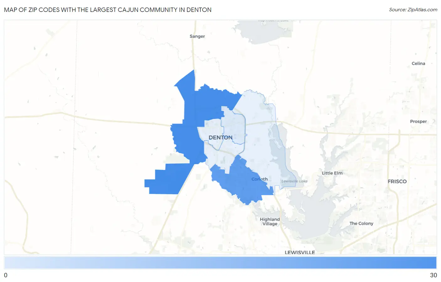 Zip Codes with the Largest Cajun Community in Denton Map