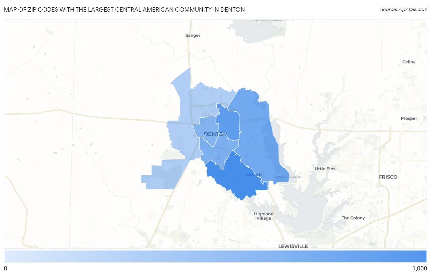 Zip Codes with the Largest Central American Community in Denton Map