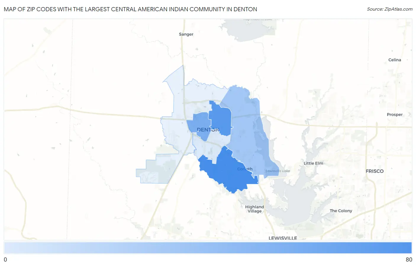 Zip Codes with the Largest Central American Indian Community in Denton Map