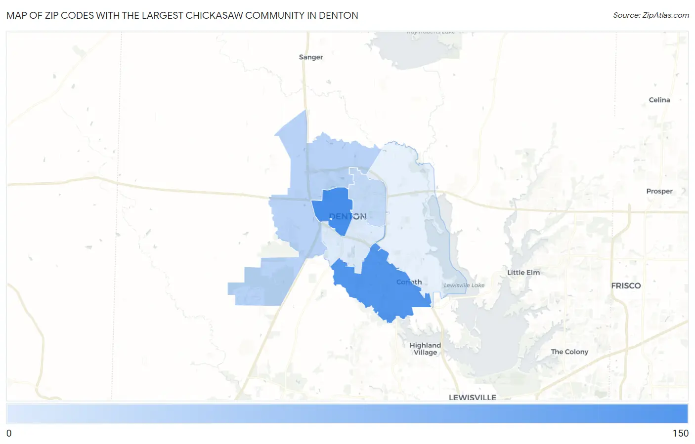 Zip Codes with the Largest Chickasaw Community in Denton Map