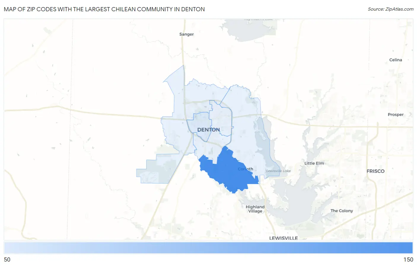 Zip Codes with the Largest Chilean Community in Denton Map