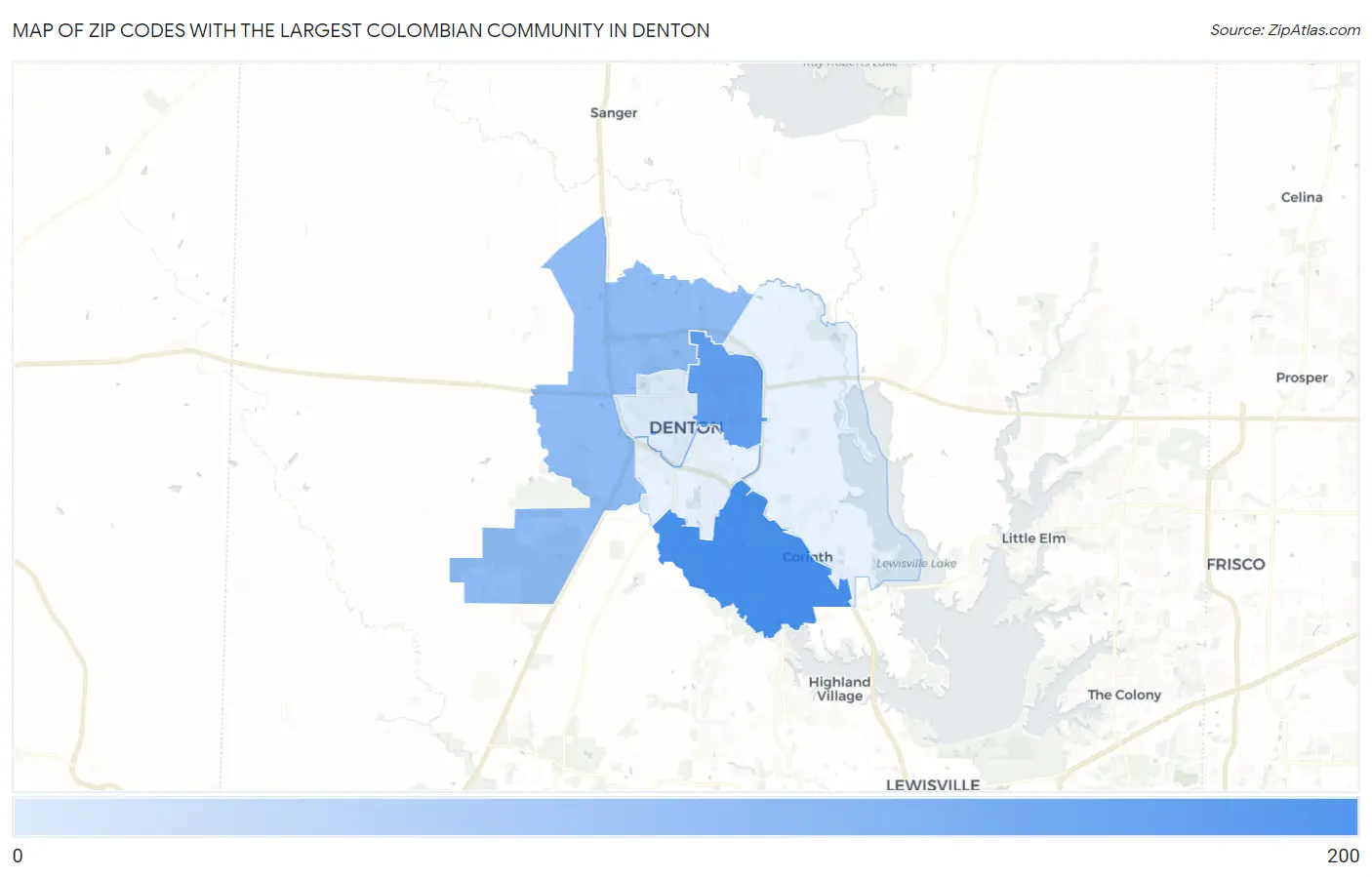 Zip Codes with the Largest Colombian Community in Denton Map