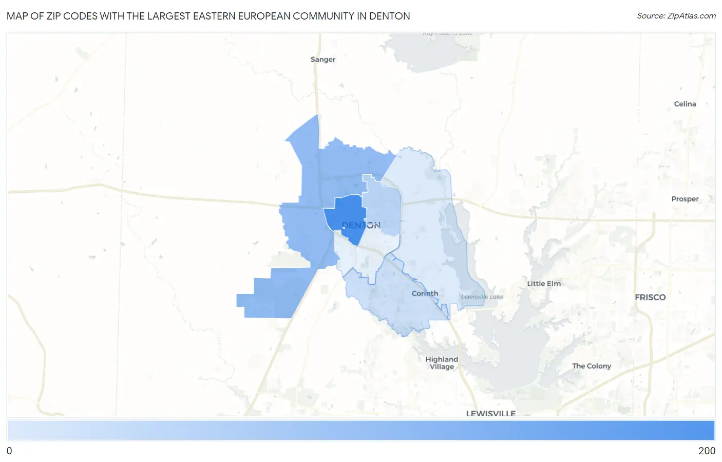 Zip Codes with the Largest Eastern European Community in Denton Map