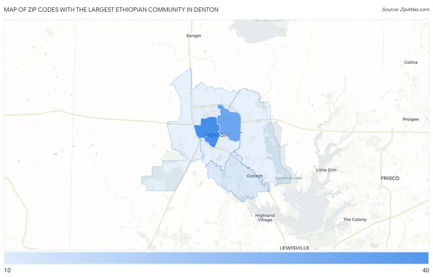 Zip Codes with the Largest Ethiopian Community in Denton Map