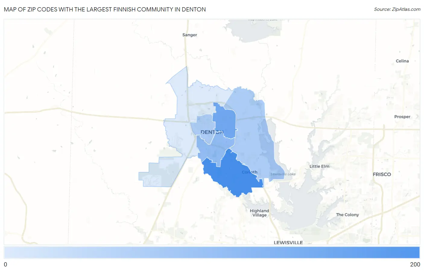 Zip Codes with the Largest Finnish Community in Denton Map