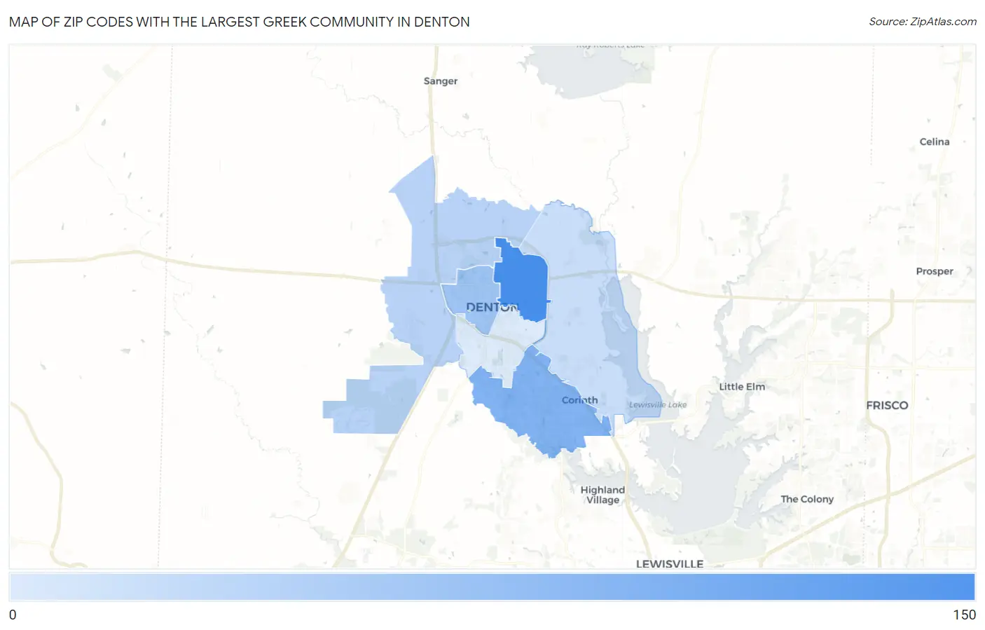 Zip Codes with the Largest Greek Community in Denton Map