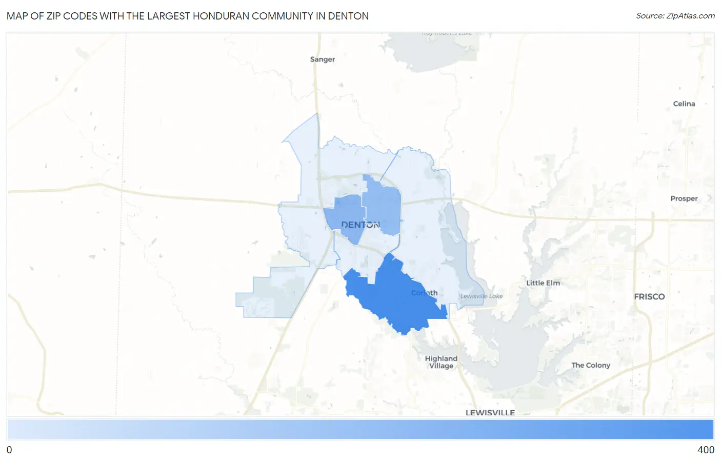 Zip Codes with the Largest Honduran Community in Denton Map