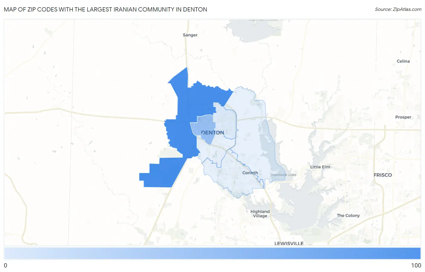 Zip Codes with the Largest Iranian Community in Denton Map