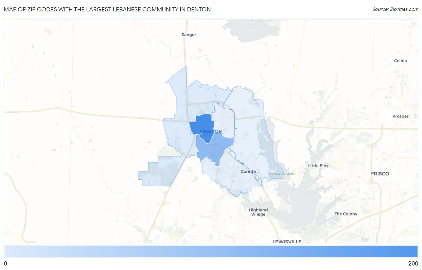 Zip Codes with the Largest Lebanese Community in Denton Map