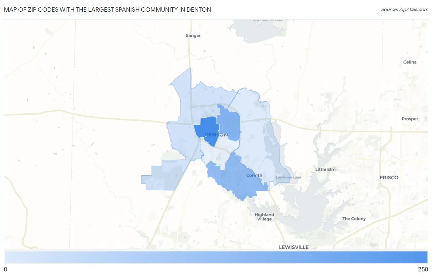 Zip Codes with the Largest Spanish Community in Denton Map