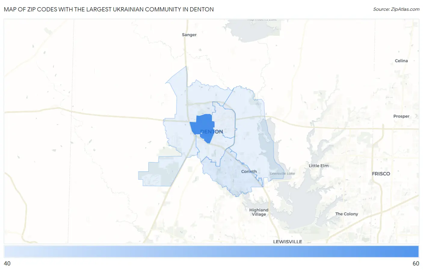 Zip Codes with the Largest Ukrainian Community in Denton Map