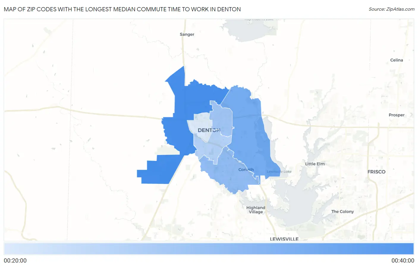 Zip Codes with the Longest Median Commute Time to Work in Denton Map