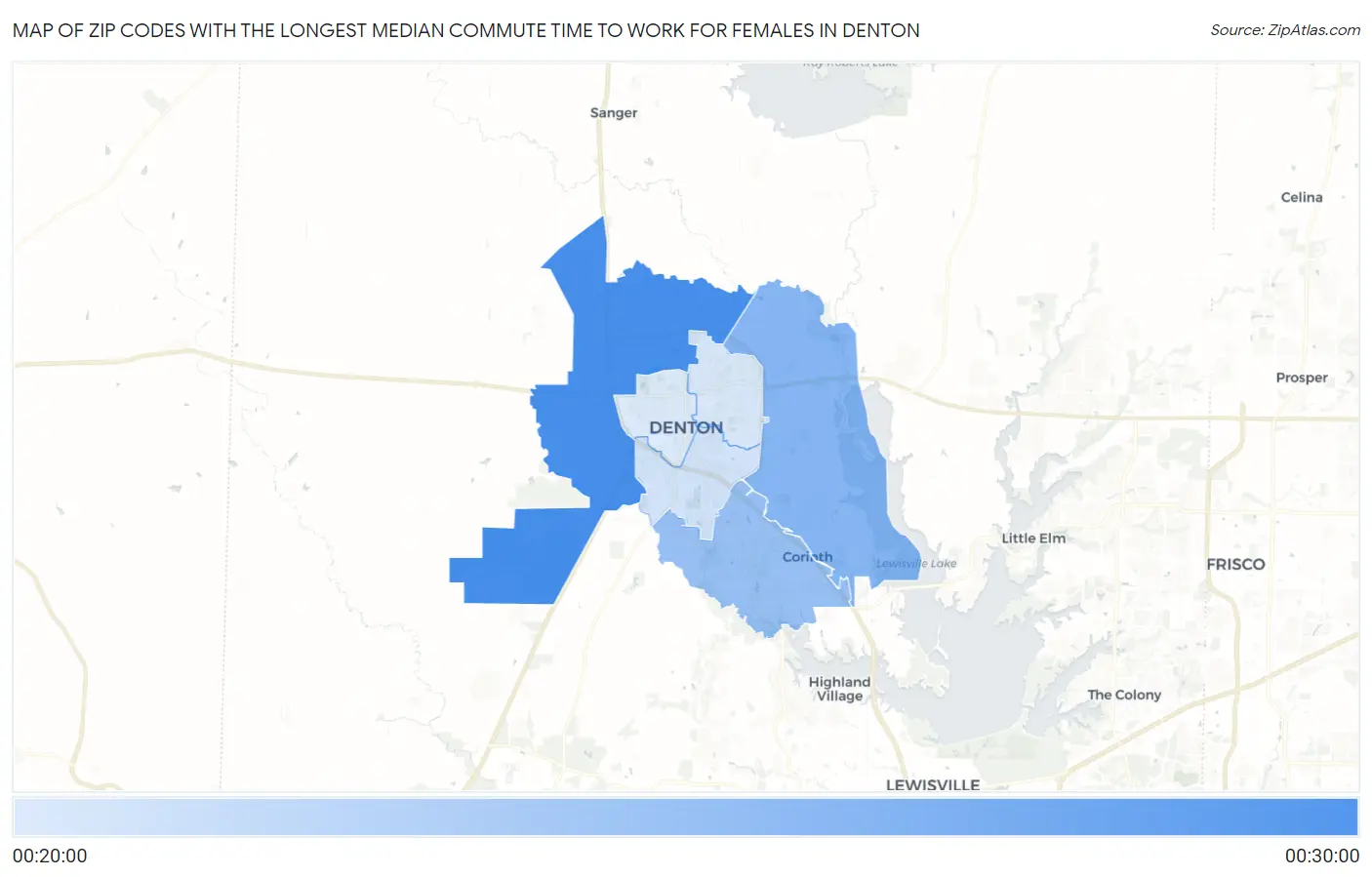 Zip Codes with the Longest Median Commute Time to Work for Females in Denton Map