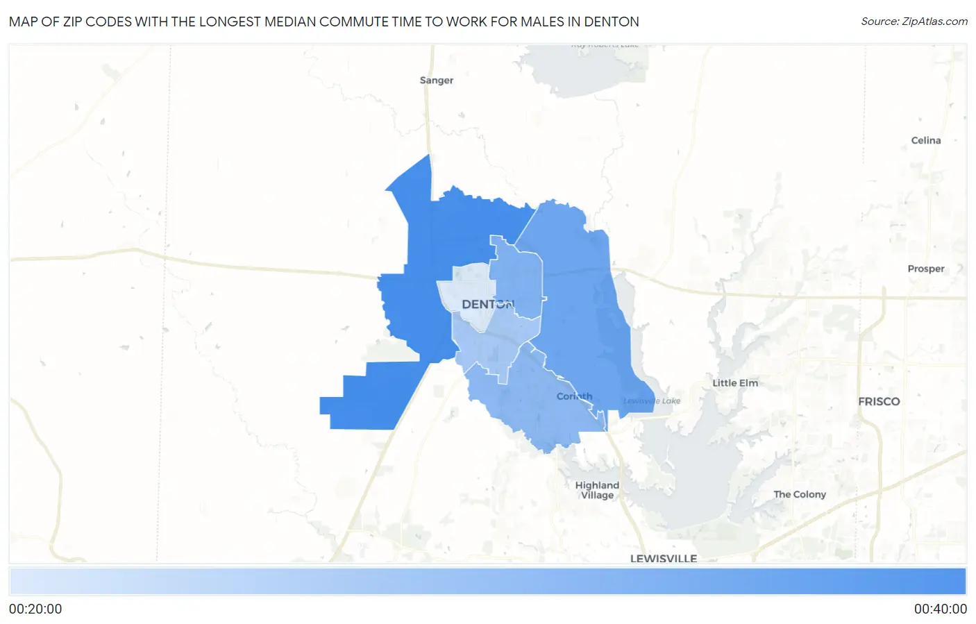 Zip Codes with the Longest Median Commute Time to Work for Males in Denton Map