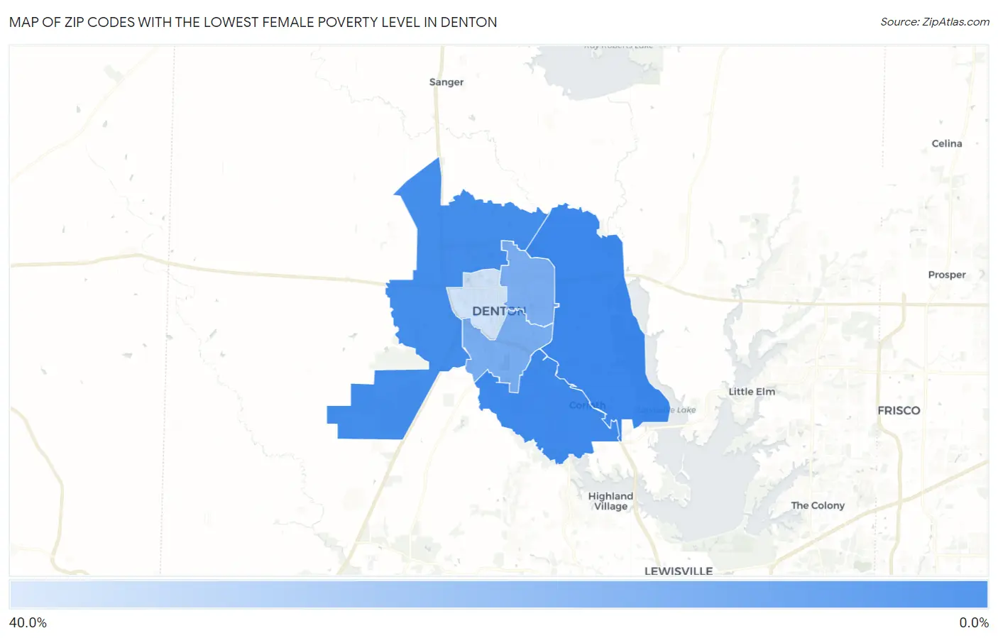 Zip Codes with the Lowest Female Poverty Level in Denton Map