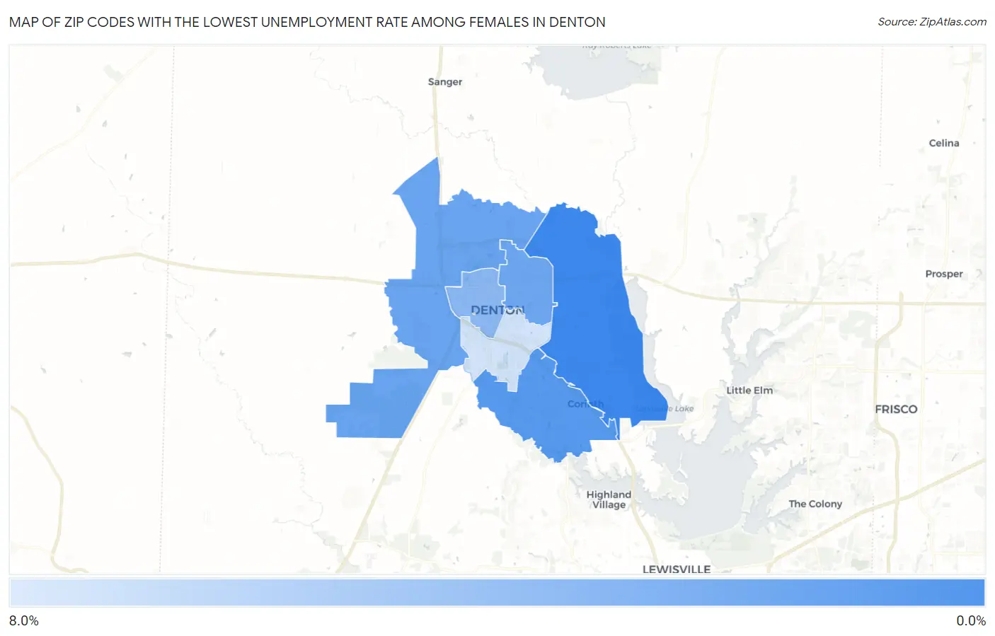 Zip Codes with the Lowest Unemployment Rate Among Females in Denton Map