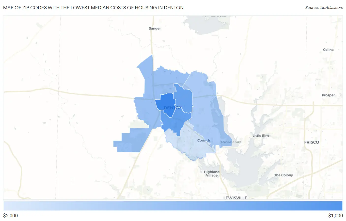 Zip Codes with the Lowest Median Costs of Housing in Denton Map