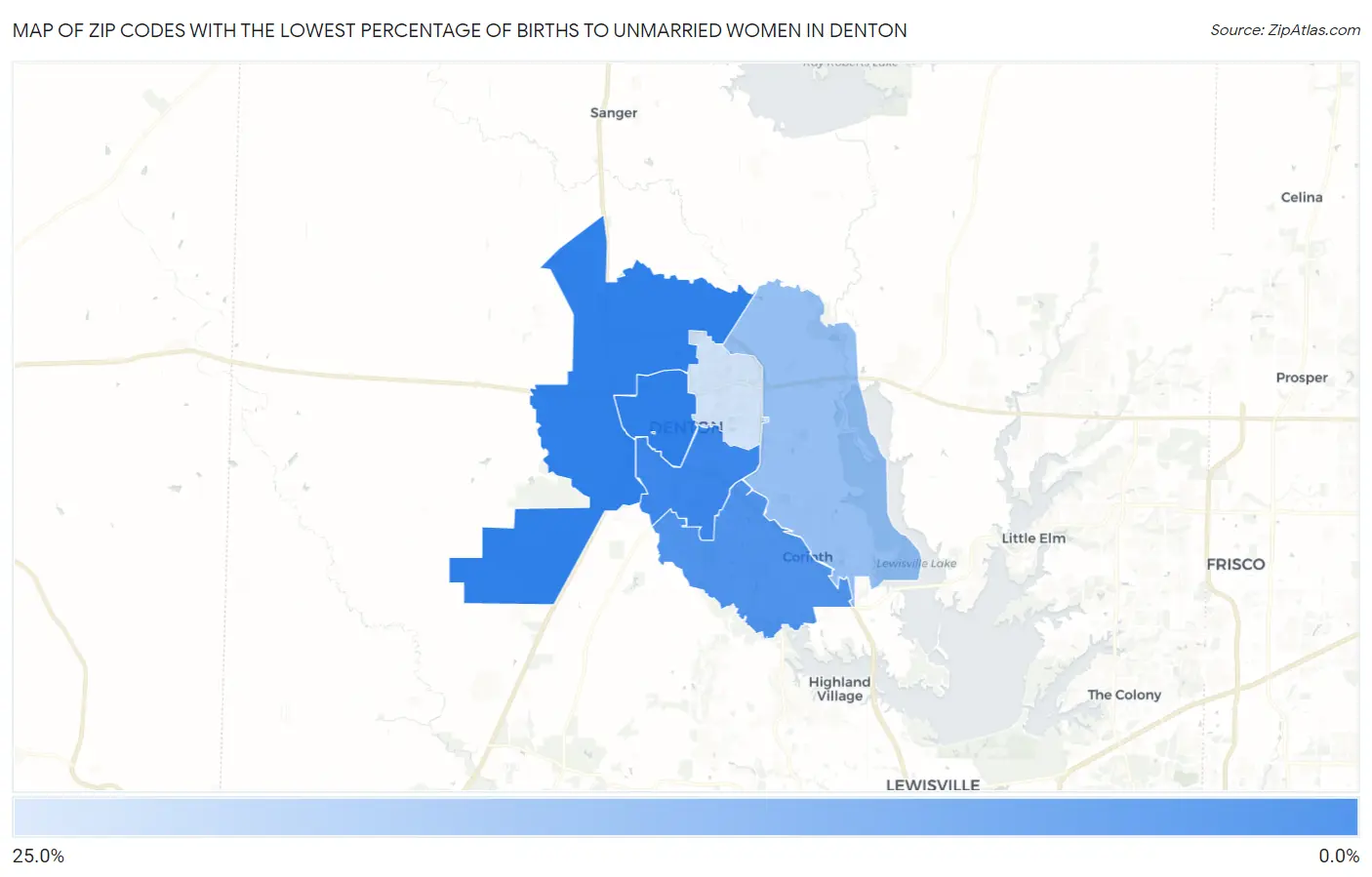 Zip Codes with the Lowest Percentage of Births to Unmarried Women in Denton Map