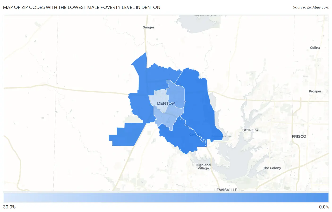 Zip Codes with the Lowest Male Poverty Level in Denton Map